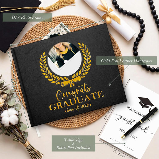Lanpn Graduation Guest Book Class of 2026 with Pen & Table Sign, Leather Graduation Guest Sign in Books, Graduates Signature Book, Keepsake Memory Books for College High School Grad Party, Black