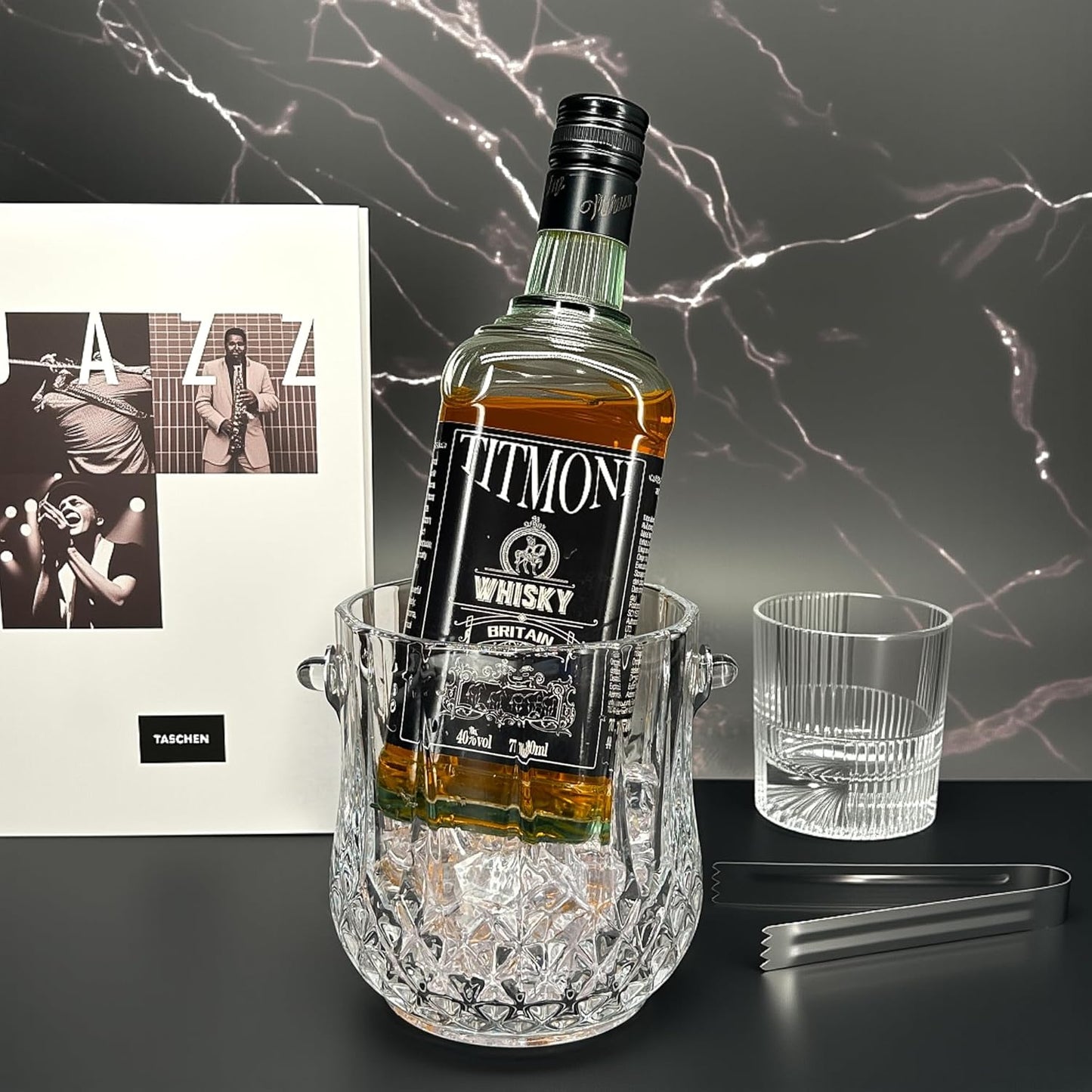 Lily's Home 1000ml -4.62" L x 4.62" W x 8.5" H - Glass Ice Bucket with Handle and Stainless Steel Tongs, Sparkling Ice Buckets, for Party,Wine Home Bar, Beer, Champagne, Cocktail Bar, Mini & Portable