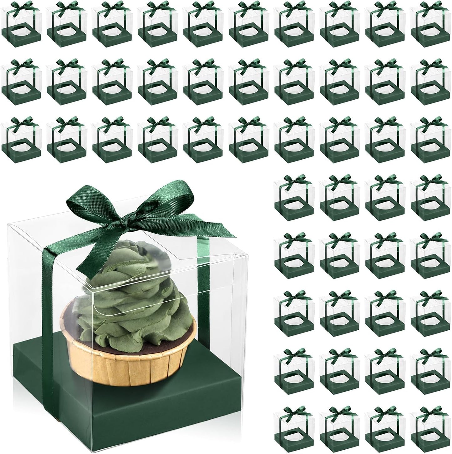 Thenshop 50 Pcs Clear Cupcake Boxes Individual 3.5 Inch Plastic Single Cupcake Containers Boxes with Inserts and Ribbon Individual Cake Storage Holders for Cake Kitchen(Dark Blue)