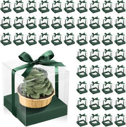 Thenshop 50 Pcs Clear Cupcake Boxes Individual 3.5 Inch Plastic Single Cupcake Containers Boxes with Inserts and Ribbon Individual Cake Storage Holders for Cake Kitchen(Dark Blue)
