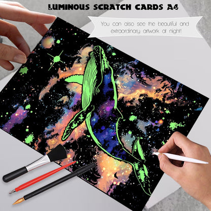 Scratchboard Art for Adult Luminous Scratch Painting Kits, A5 Scratch Art Rainbow Painting Paper 8 Sheet with 4 Tools, Scratchboard for Teens & Adults, Fun Creative Craft Toy/Gifts/Decor, Dreams