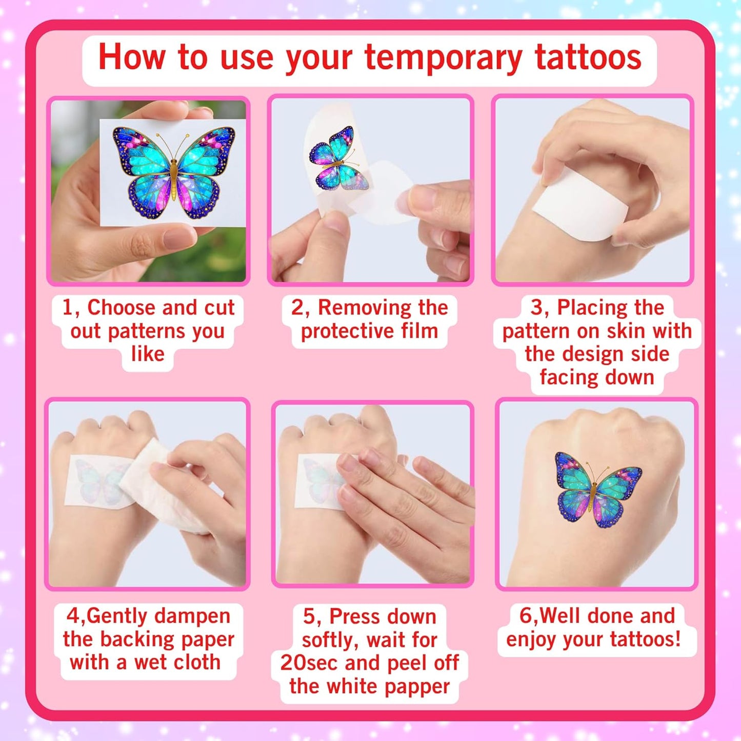 Glitter Butterfly Temporary Tattoos | Butterfly Themed Birthday Party Decorations Party Favors Supplies Accessories Stickers Gift Idea For Kids Boy Girl Teen Adult 60Pcs 4 Sheets Pre-cut