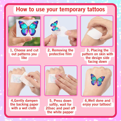 Glitter Butterfly Temporary Tattoos | Butterfly Themed Birthday Party Decorations Party Favors Supplies Accessories Stickers Gift Idea For Kids Boy Girl Teen Adult 60Pcs 4 Sheets Pre-cut