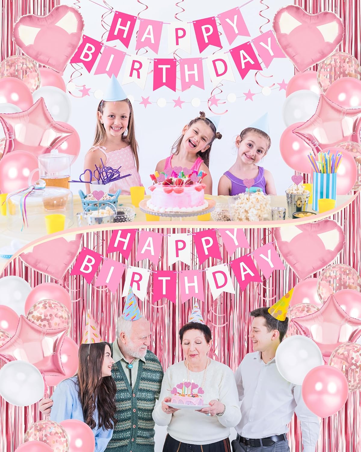 Lutoys Rose Gold Happy Birthday Party Decorations, Happy Birthday Banner, Rose Gold Foil Heart Star Confetti Balloons Curtain Backdrop Hanging Swirls Party Decor for Girls Women Princess