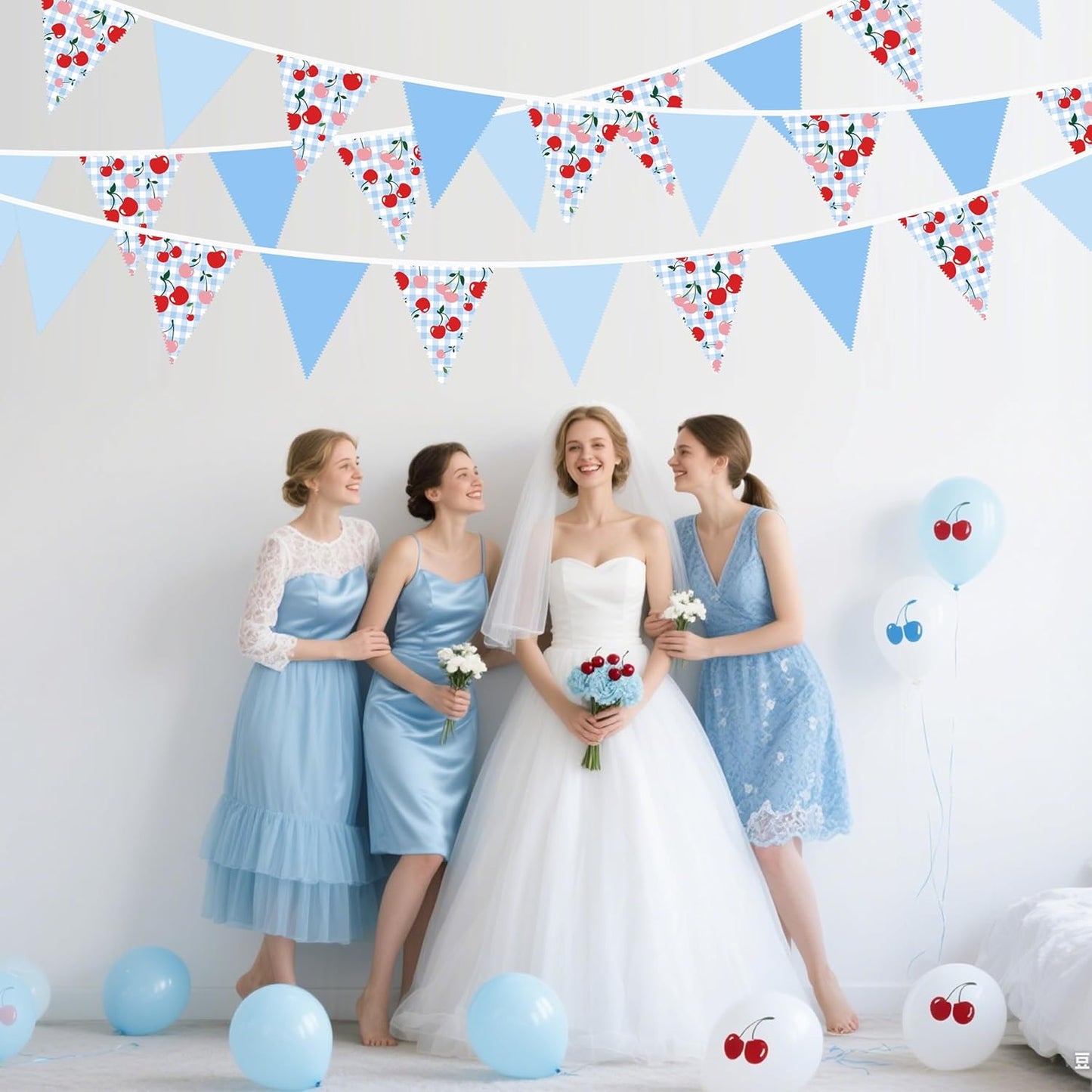 32Ft Dusty Blue Party Decorations Retro Blue Gingham Triangle Banner Flag Pennant Fabric Garland Streamers for Nautical Wedding Birthday Ahoy Achor Bridal Baby Shower Under The Sea Decor Supplies