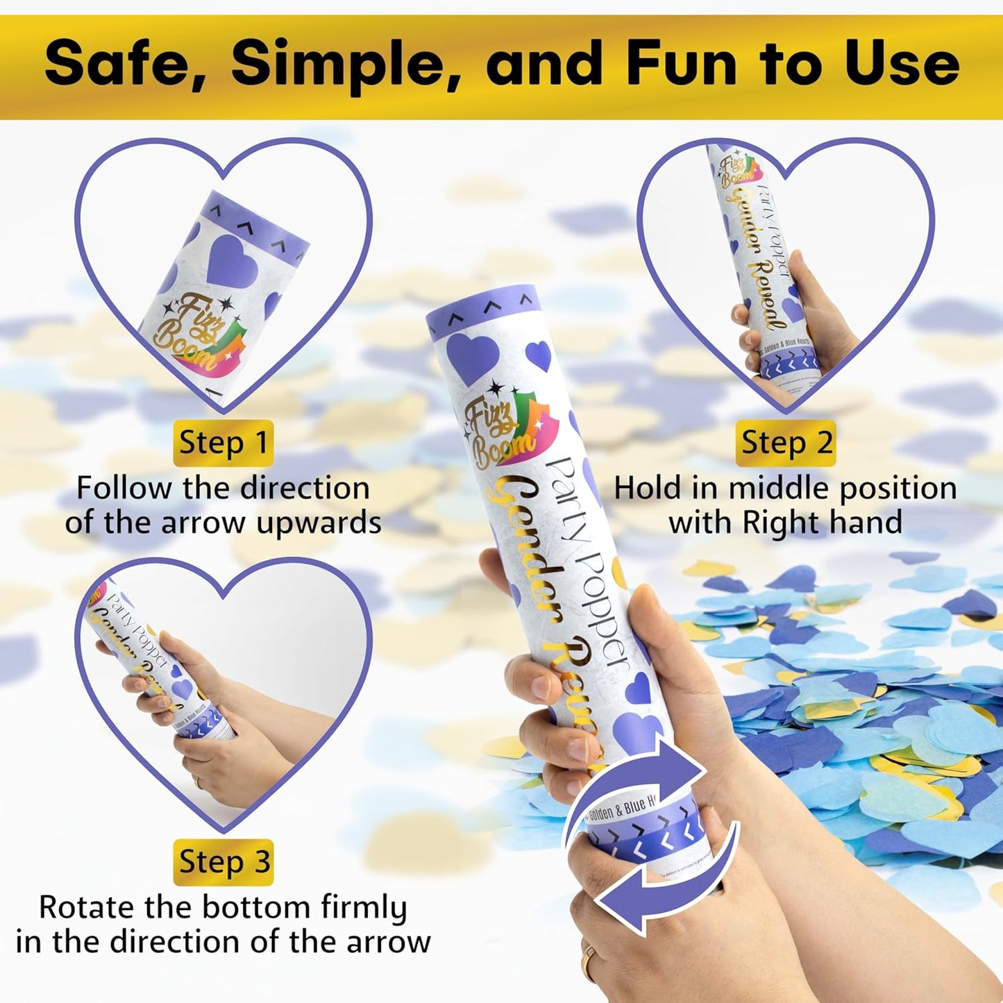 2 Pack Blue Heart-Shaped Confetti Poppers for Baby Gender Reveal | Blue Paper and gold mylar Baby Boy Party Supplies