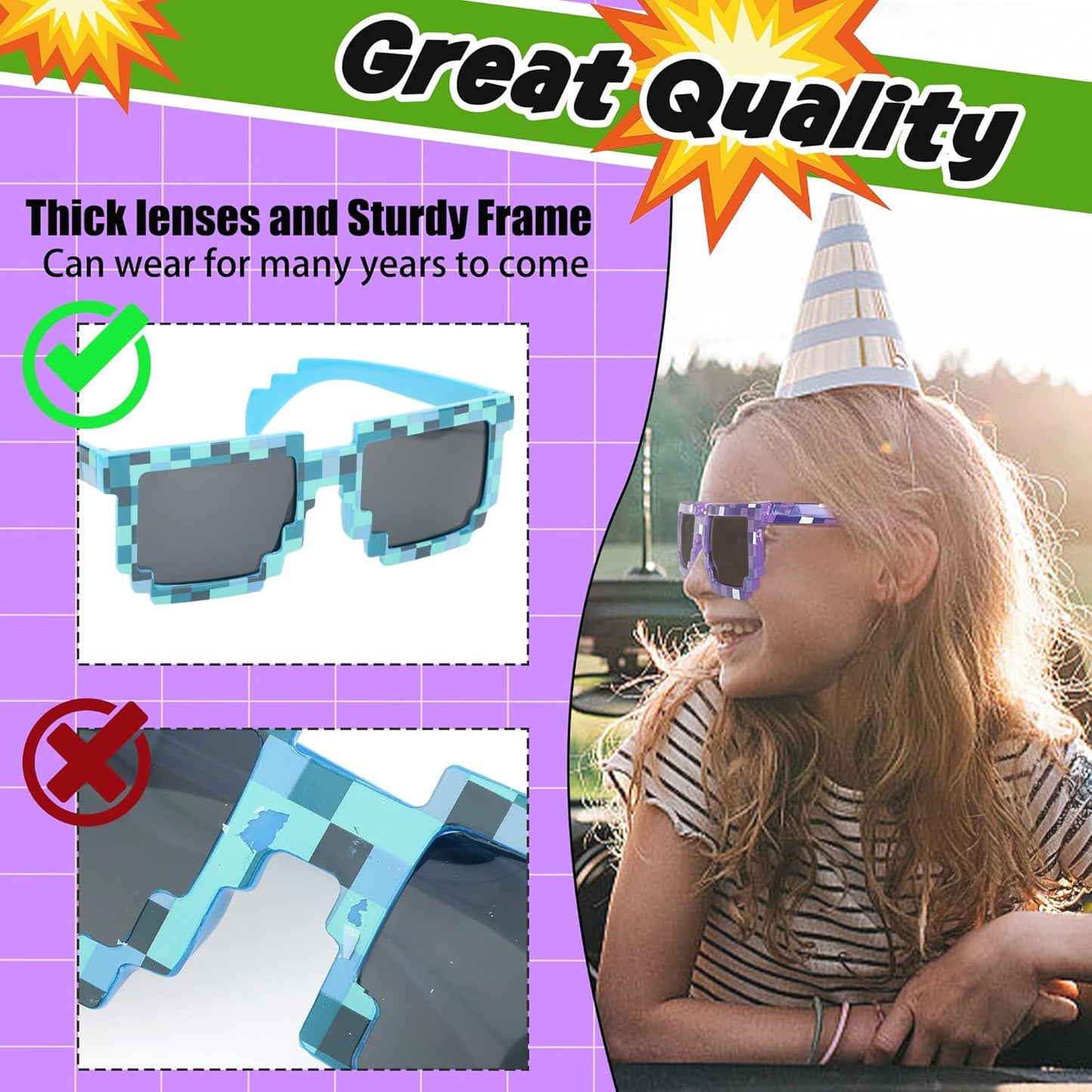 kilofly 10pc 8-Bit Pixel UV Protect Gamer Sunglasses Adult Kids Party Favors