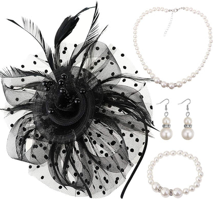 DRESHOW Fascinators Hat Flower Mesh Ribbons Feathers on a Headband and a Clip Tea Party Headwear for Girls and Women - Colors B