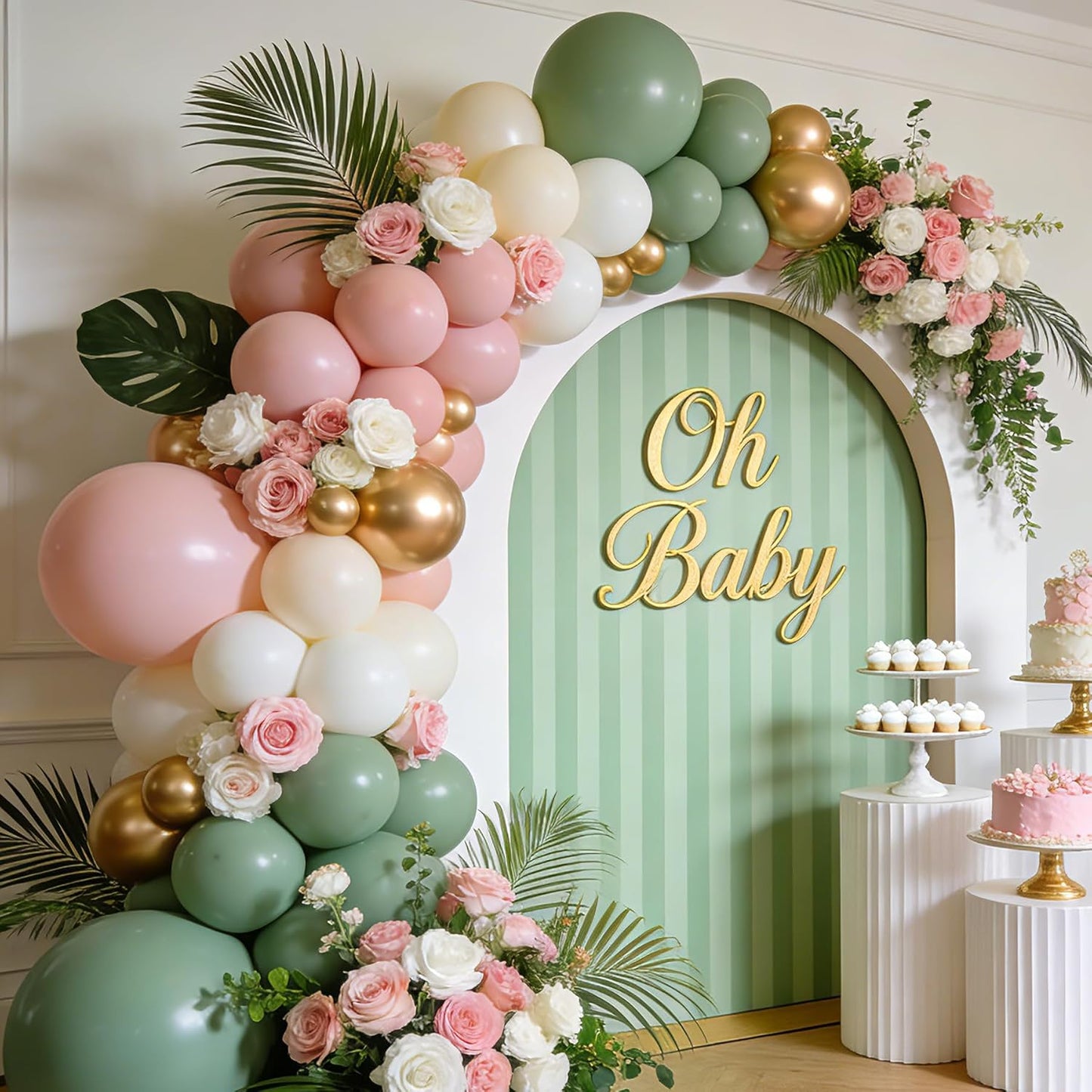 Pink Gold White Balloon Arch Kit - 144 PCs Pastel Light Pink and Beige Sand White Gold Chrome Balloons for Mothers Day Girls Women Birthday Bridal Shower Engagement Wedding Party Decorations