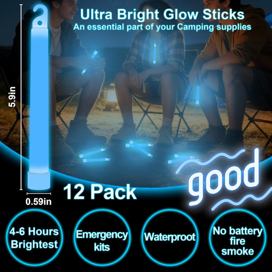 12 pk Ultra Bright Glow Sticks Bulk, Glow in The Dark 6 inch Emergency Light Stick, Vibrant Colors Light Up Sticks for Hurricane Supplies Camping Survival Fishing Neon Party Favors