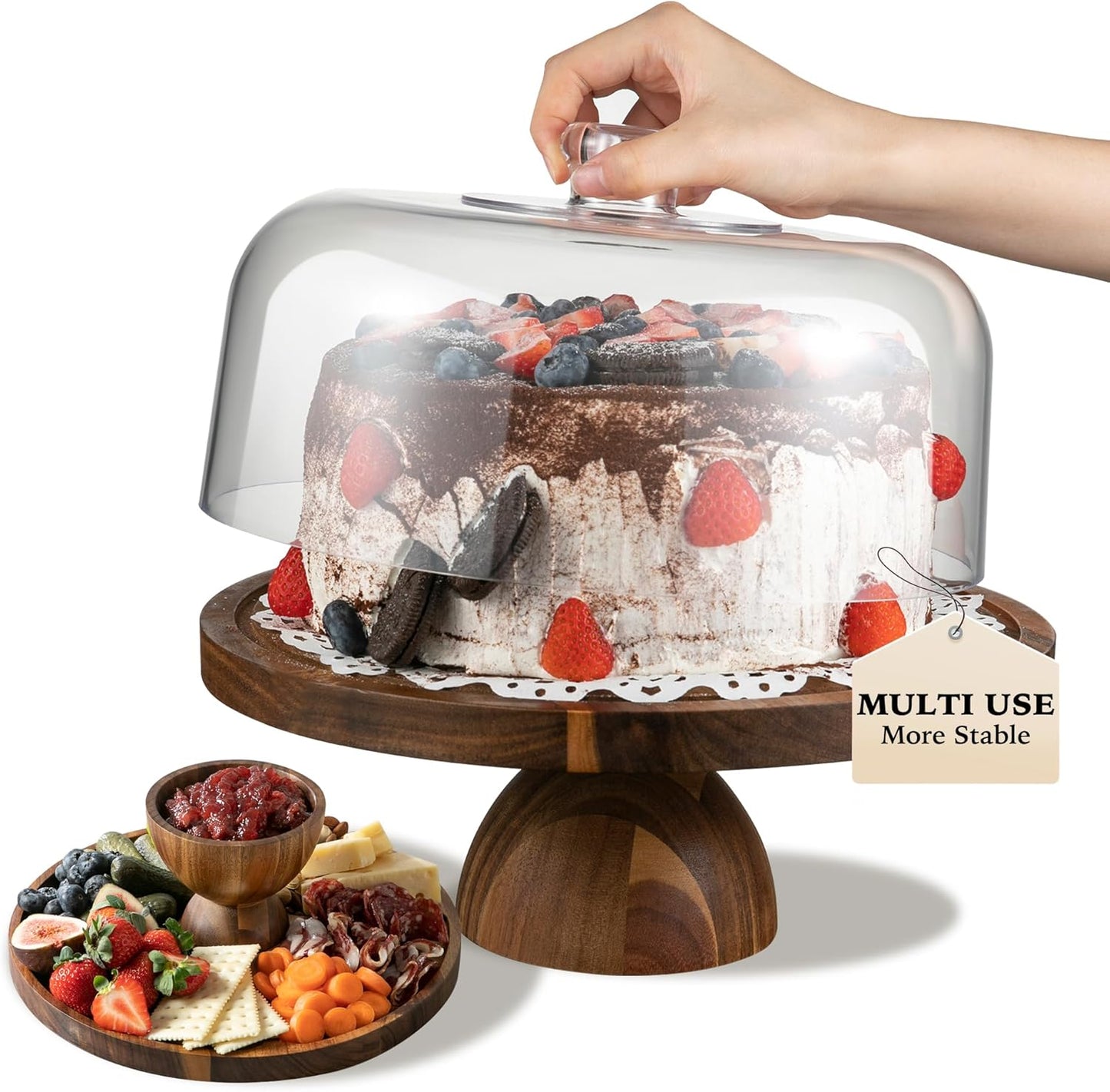 Cake Stand with Lid, 2 In 1 Cake Stand, 12in Round Acrylic Cake Stand with Dome, Acacia Wood Cake Container, Comes with Cake Paper, Perpare for Cake, Dessert, Cookie, No Glass