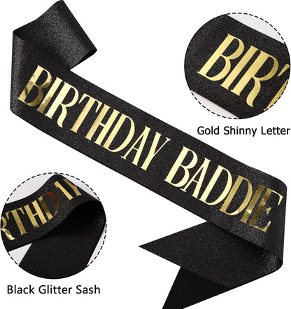 Birthday Baddie Sash, Black Glitter Birthday Sash for Women Men Girls, Gold Foil Funny BirthdaySash Decorations Party Favors Accessories Supplies (Gold)