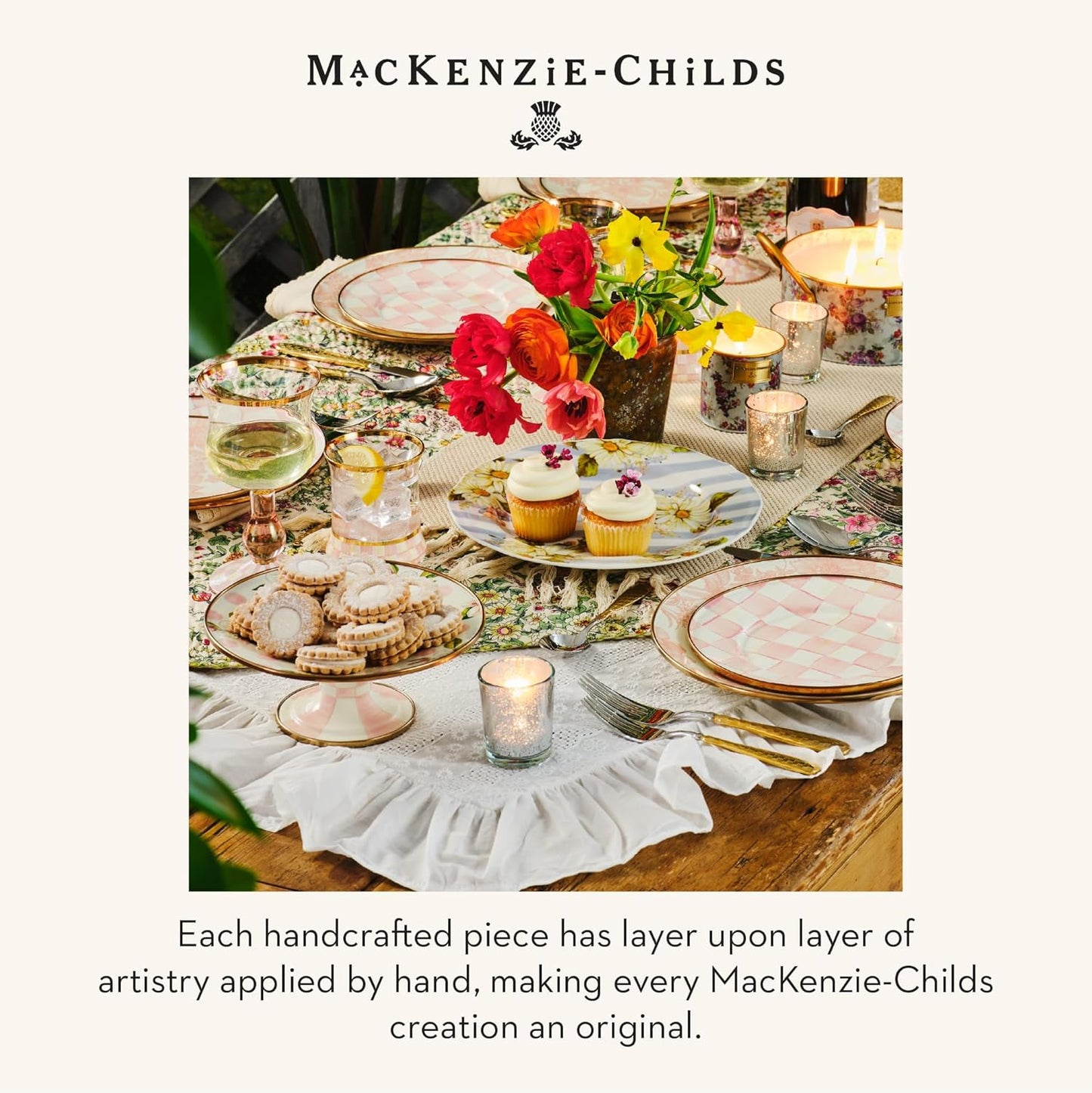 MACKENZIE-CHILDS Enamel Pedestal Platter, Round Cake Stand, Large, Black-and-White Courtly Check