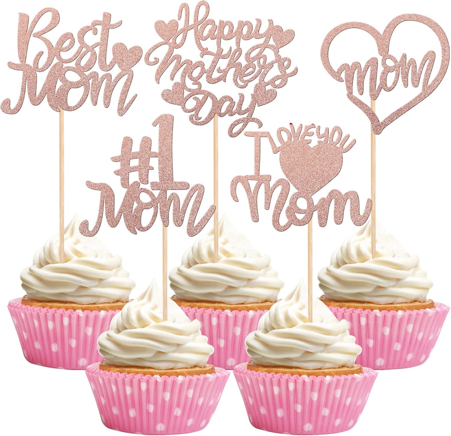 24 PCS Happy Mother's Day Cupcake Toppers with Glitter Heart Love Mother Best Mom Cupcake Picks for Happy Mother's Day Theme Women Birthday Party Cake Decorations Supplies Rose Gold