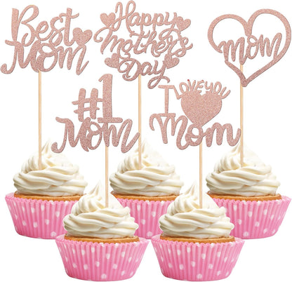 24 PCS Happy Mother's Day Cupcake Toppers with Glitter Heart Love Mother Best Mom Cupcake Picks for Happy Mother's Day Theme Women Birthday Party Cake Decorations Supplies Rose Gold