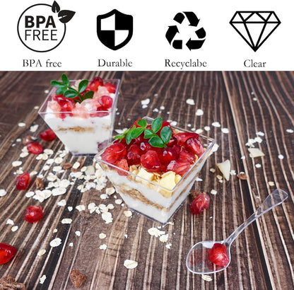 Hiasobre 100 Pack 2 oz Mini Dessert Cups with Spoons, Square Clear Plastic Appetizer Cups, Reusable Parfait Cups, Small Dessert Bowls for Serving Fruit Ice Cream Pudding Yogurt