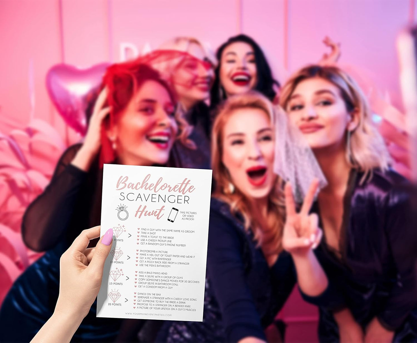 Your Main Event Prints 25 White Bachelorette Scavenger Hunt Party Games, Drinking Game and Dares, Fun Novelty Cards for Girls Night Out