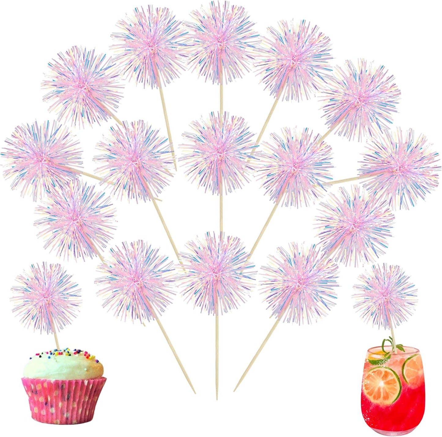 Ephlyn 30Pcs Foil Firework Cupcake Toppers Sparkle Tinsel Cupcake Picks Drink Stirrers Cocktail Food Fruit Toothpicks for Baby Shower Graduation Party Supplies White