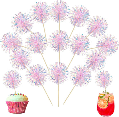 Ephlyn 30Pcs Foil Firework Cupcake Toppers Sparkle Tinsel Cupcake Picks Drink Stirrers Cocktail Food Fruit Toothpicks for Baby Shower Graduation Party Supplies White
