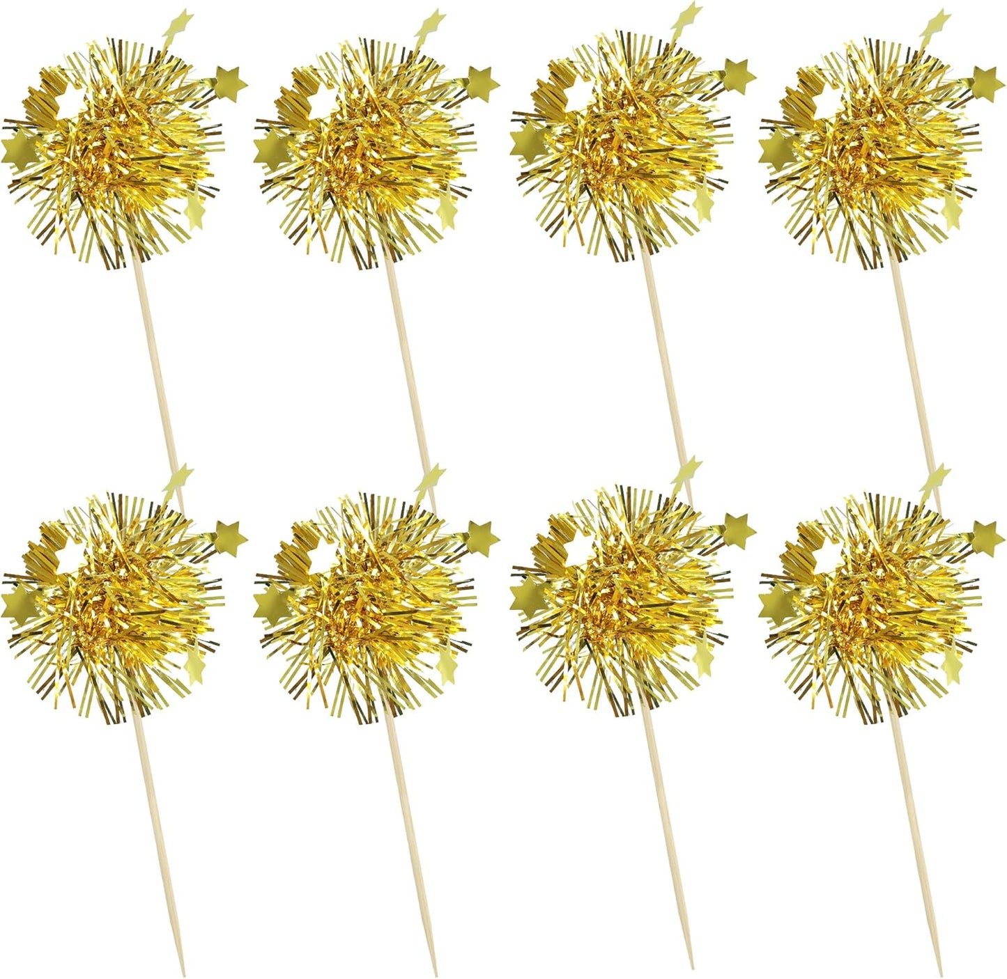 Ephlyn 30Pcs Foil Firework Cupcake Toppers Sparkle Tinsel Cupcake Picks Drink Stirrers Cocktail Food Fruit Toothpicks for Baby Shower Graduation Party Supplies White