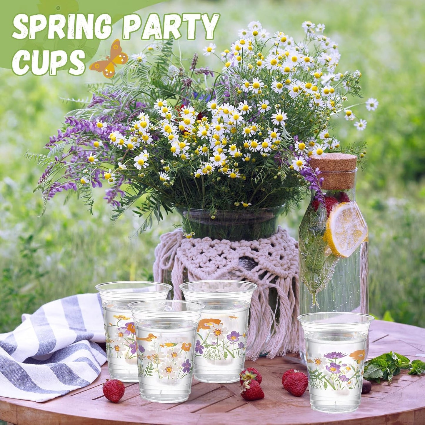 Hushee 60 Pcs Purple Floral Cups with Spring Summer Flower 16 oz Wildflowers Plastic Disposable Drinking Cups for Summer Spring Birthday Baby Shower Wedding Party Supplies