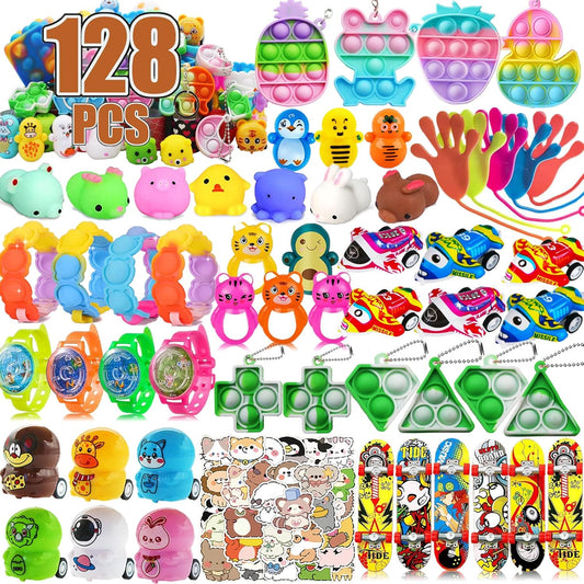 Mctuoba 128 Pcs Party Favors for Kids, Pop Fidget Toys Bulk, Treasure Box Toys, Pinata Stuffers, Classroom Prizes, Goodie Bag Filler, Treasure Chest Carnival Prize for Boys Girls 4-8