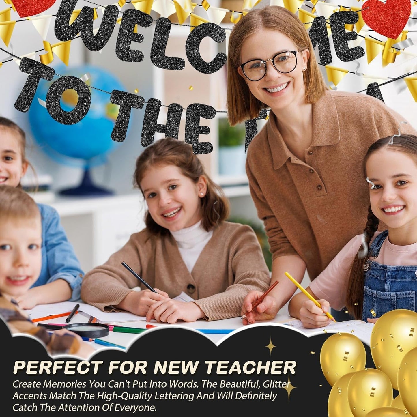 Fulmoon Pre Strung Welcome to The Team Banner with Two Heart Signs, NO DIY, Glitter Welcome Party Supplies for New Employee, Coworker, Colleague, Staff, Team Member Office Decorations(Champagne Gold)