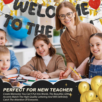 Fulmoon Pre Strung Welcome to The Team Banner with Two Heart Signs, NO DIY, Glitter Welcome Party Supplies for New Employee, Coworker, Colleague, Staff, Team Member Office Decorations(Champagne Gold)