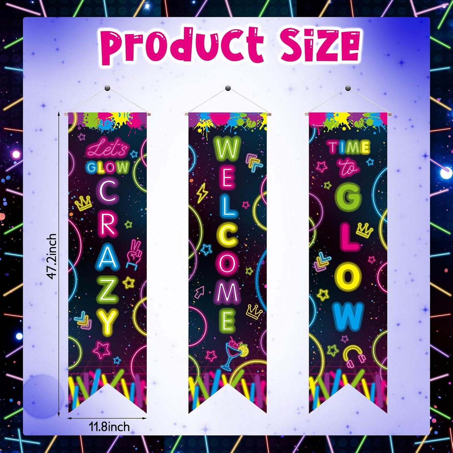 Chiisong 3 Pcs Neon Banner Party Decorations Let's Glow Banner Glow in the Dark Porch Sign Welcome Birthday Porch Sign for Neon Birthday Party Supplies Club Halloween Classroom Decorations