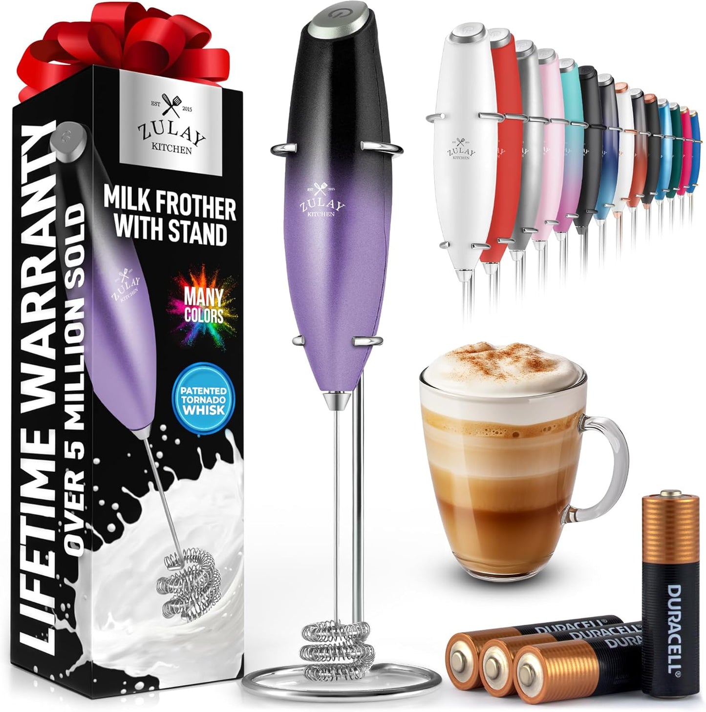 Zulay Kitchen Powerful Milk Frother Wand With Duracell Batteries - Ultra Fast Handheld Drink Mixer - Electric Whisk Foam Maker for Coffee, Lattes, Cappuccino & Matcha - Z1 Motor - Black - Colors C