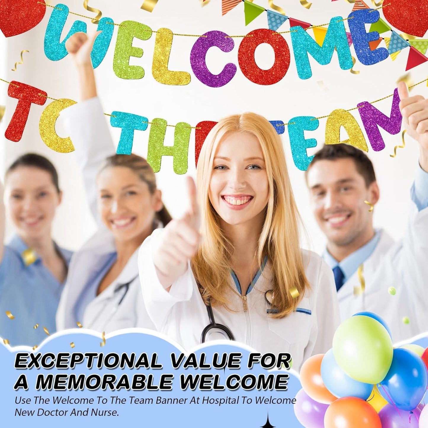 Fulmoon Pre Strung Welcome to The Team Banner with Two Heart Signs, NO DIY, Glitter Welcome Party Supplies for New Employee, Coworker, Colleague, Staff, Team Member Office Decorations(Champagne Gold)