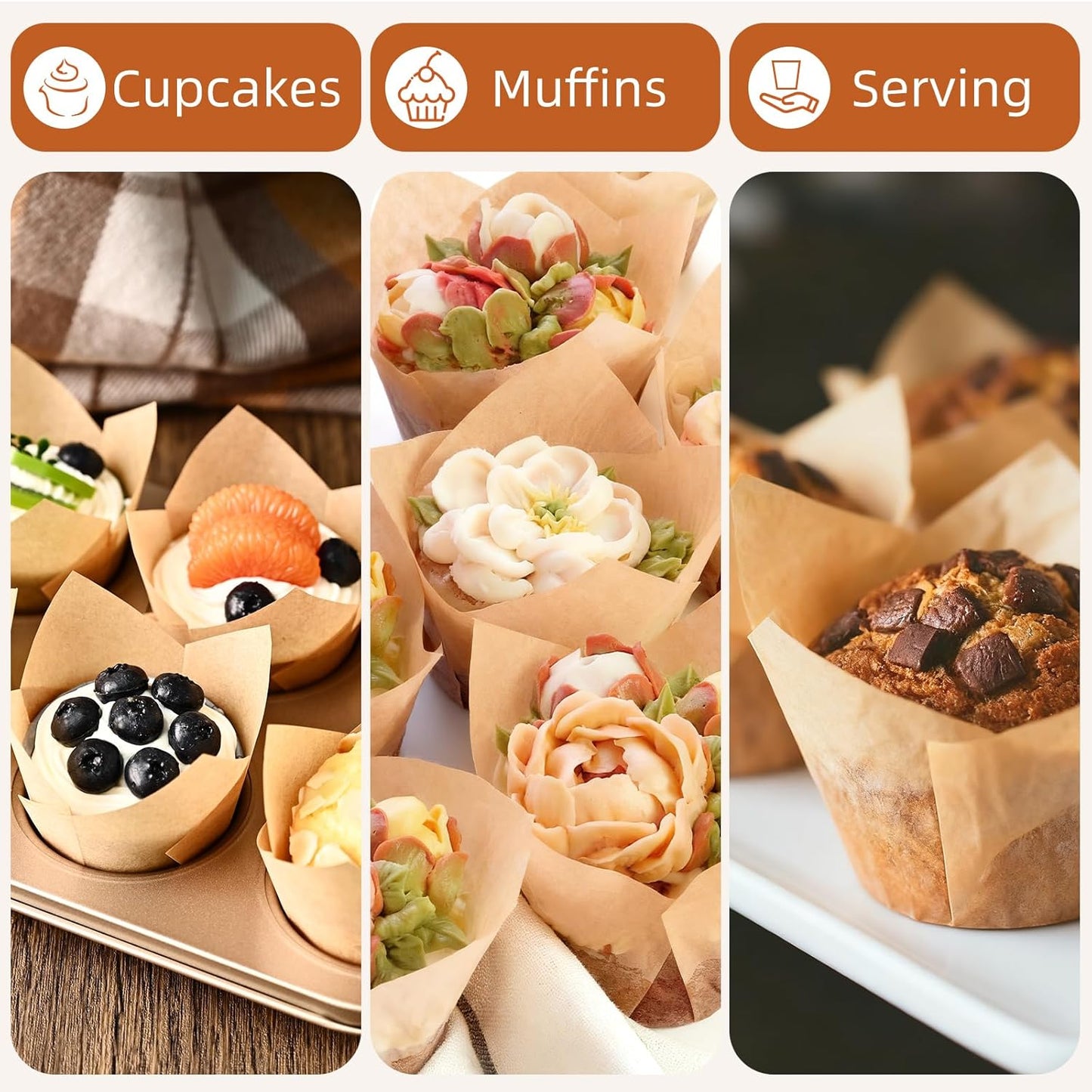 200pcs Tulip Cupcake Liners, Premium Muffin Liners Holders for Baking Cups, Greaseproof Cupcake Wrappers in Standard Size, Classic Parchment Paper Cupcakes Liner for Party, Christmas by JIRNGLA