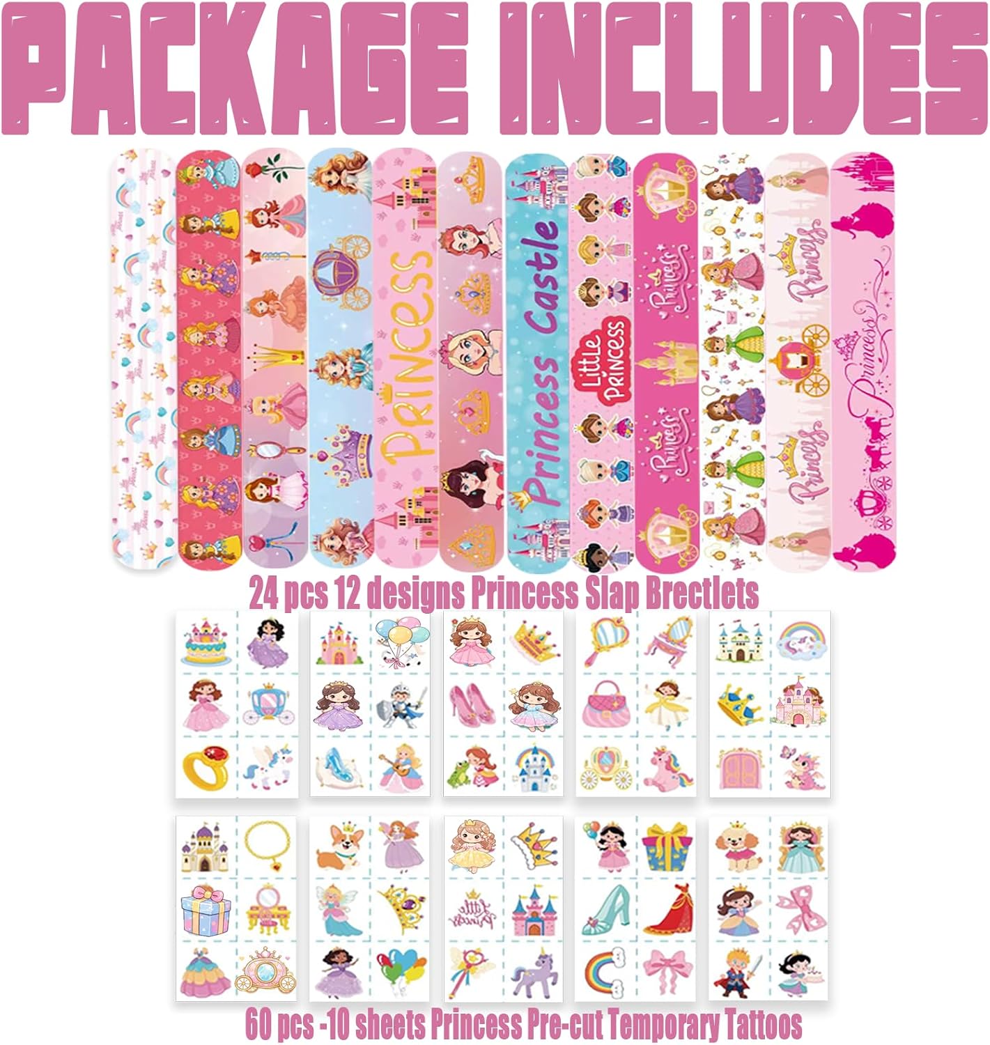 84 pcs Princess Birthday Party Supplies Favors, 24PCS Slap Bracelets and 60PCS Pre-Cut Temporary Tattoos, Goodie Bag Stuffers, Princess Celebrations Party Supplies