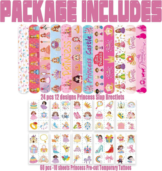 84 pcs Princess Birthday Party Supplies Favors, 24PCS Slap Bracelets and 60PCS Pre-Cut Temporary Tattoos, Goodie Bag Stuffers, Princess Celebrations Party Supplies