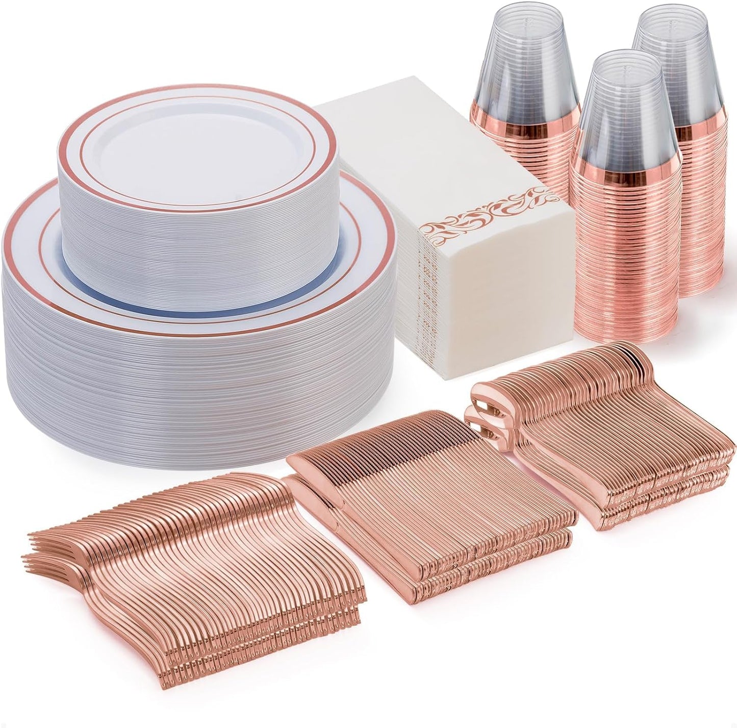 Goodluck 350 Pieces Gold Dinnerware Set for 50 Guests, Plastic Plates Disposable for Party, Include: 50 Gold Rim Dinner Plates, 50 Dessert Plates, 50 Paper Napkins, 50 Cups, 50 Gold Silverware Set