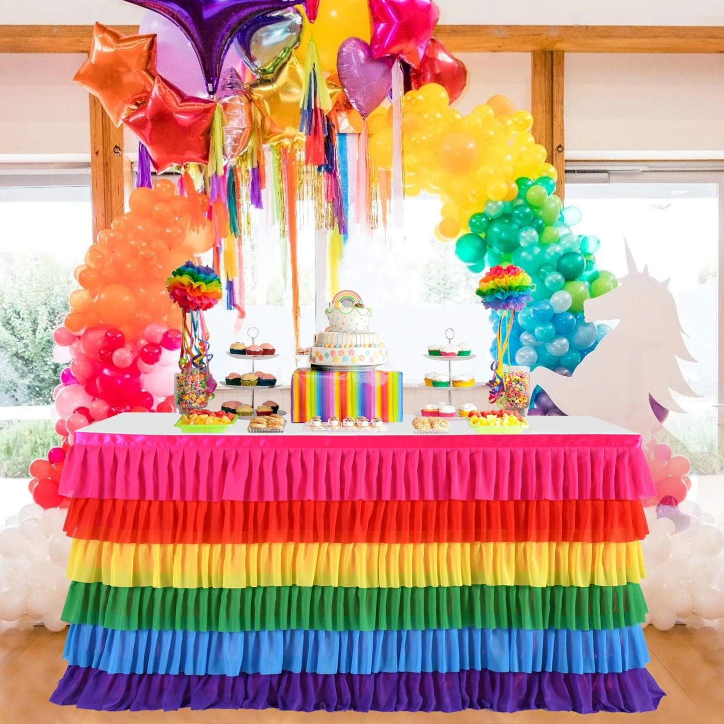 Pastel Rainbow Table Skirt Ruffle Party Tablecloth for Rectangle Table 6ft Birthday Party Baby Shower