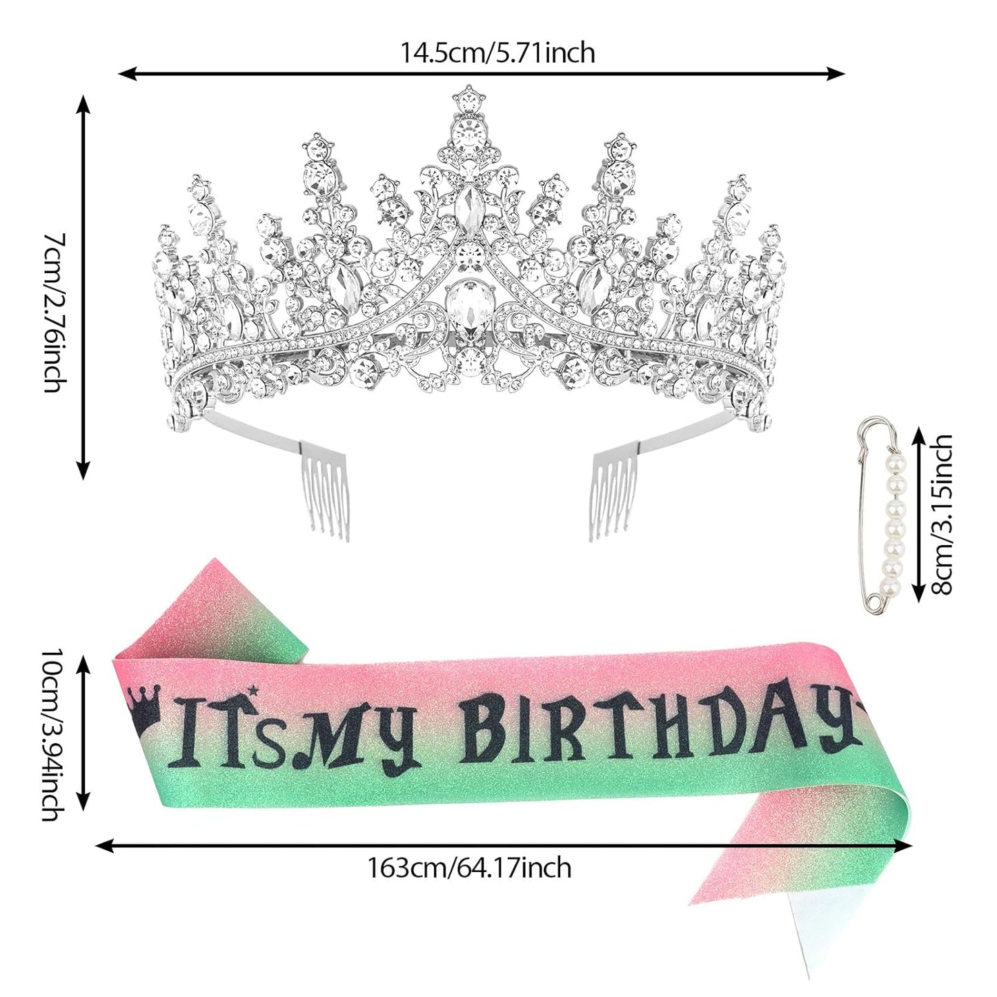 CURASA Birthday Tiara and Sash - Silver Birthday Crown for Women, Perfect for Parties and Celebrations