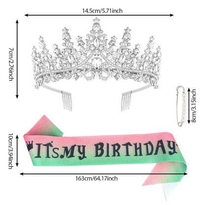 CURASA Birthday Tiara and Sash - Silver Birthday Crown for Women, Perfect for Parties and Celebrations