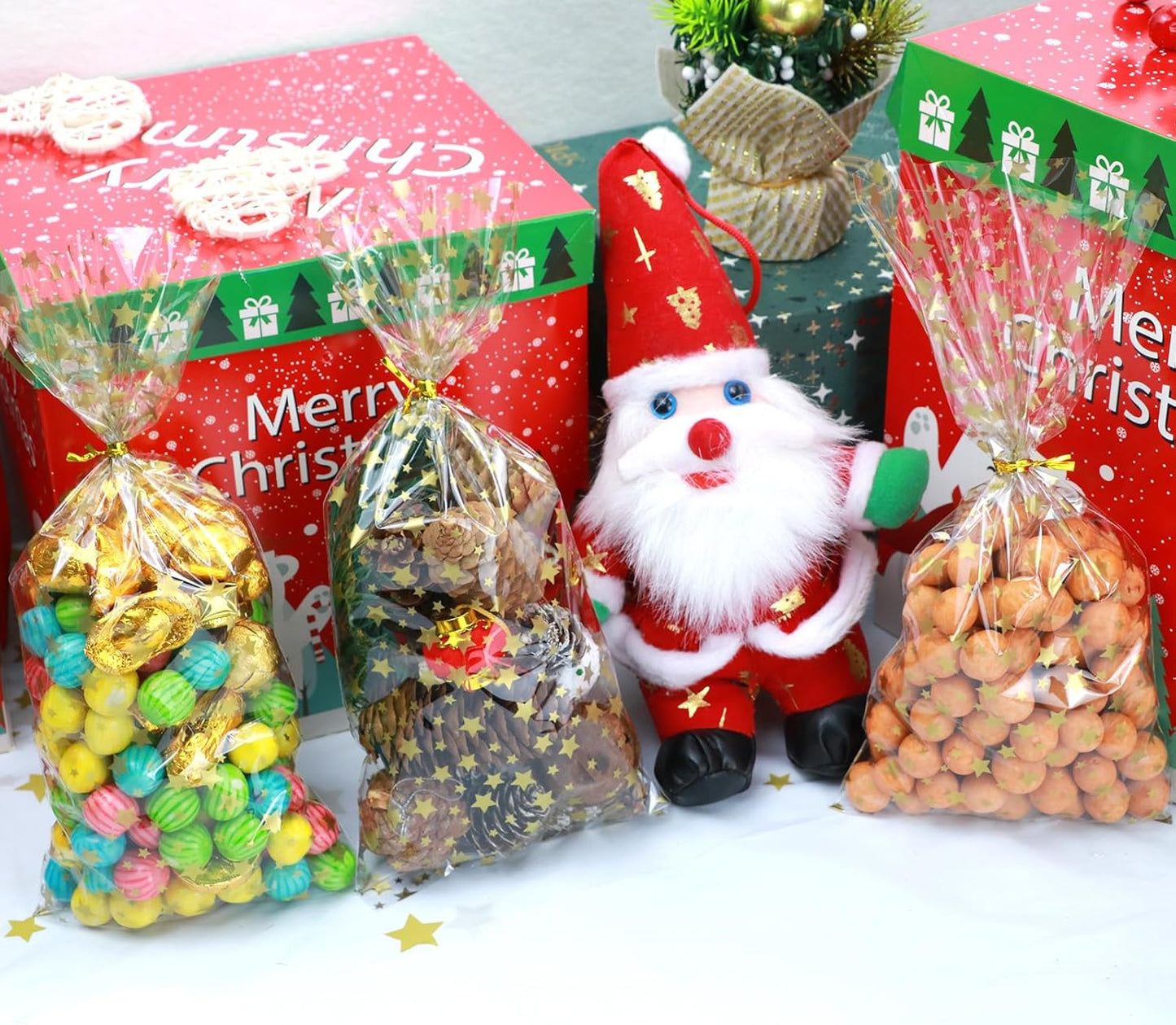 100 Pcs Star Printed 5"X 7" Gift Wrap Cello Cellophane Treat Bags Party Favor bags Clear Candy Cookie Bag Plastic Poly Goodie Storage Bag with Twist Ties for Bakery,Birthday, Wedding ,Party Decorations (Gold)