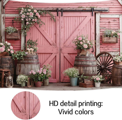 10x8ft Country Wedding Photography Backdrop Rustic Barn Door Photography Backdrop Farmhouse Pink Flower Cabin Wooden Birthday Baby Shower Wedding Bridal Party Banner Photo Booth Props Background