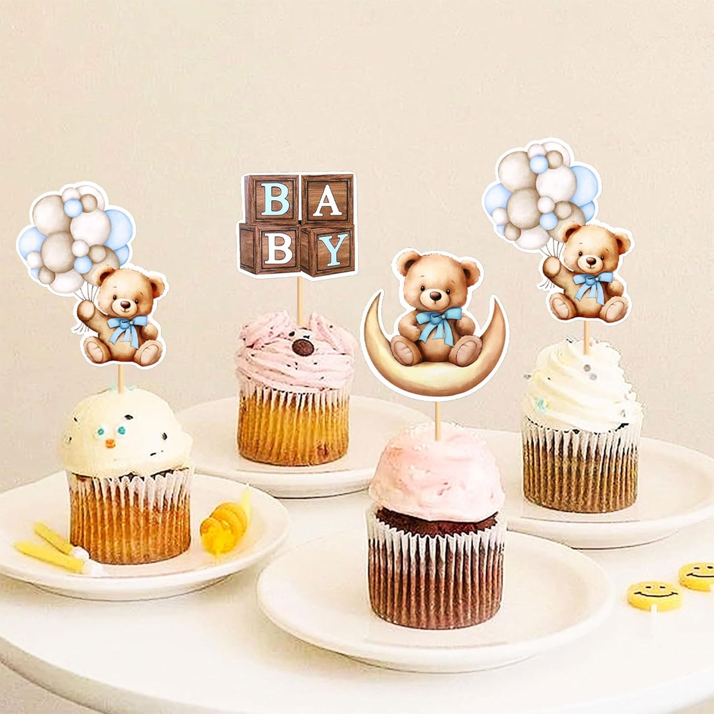 36Pcs Blue Baby Bear Cupcake Toppers Balloon Teddy Bears Cupcake Picks for Blue Baby Shower Gender Reveal Boys Bearly Birthday Cupcake Decorations We Can Bearly Wait Party Decorations Supplies
