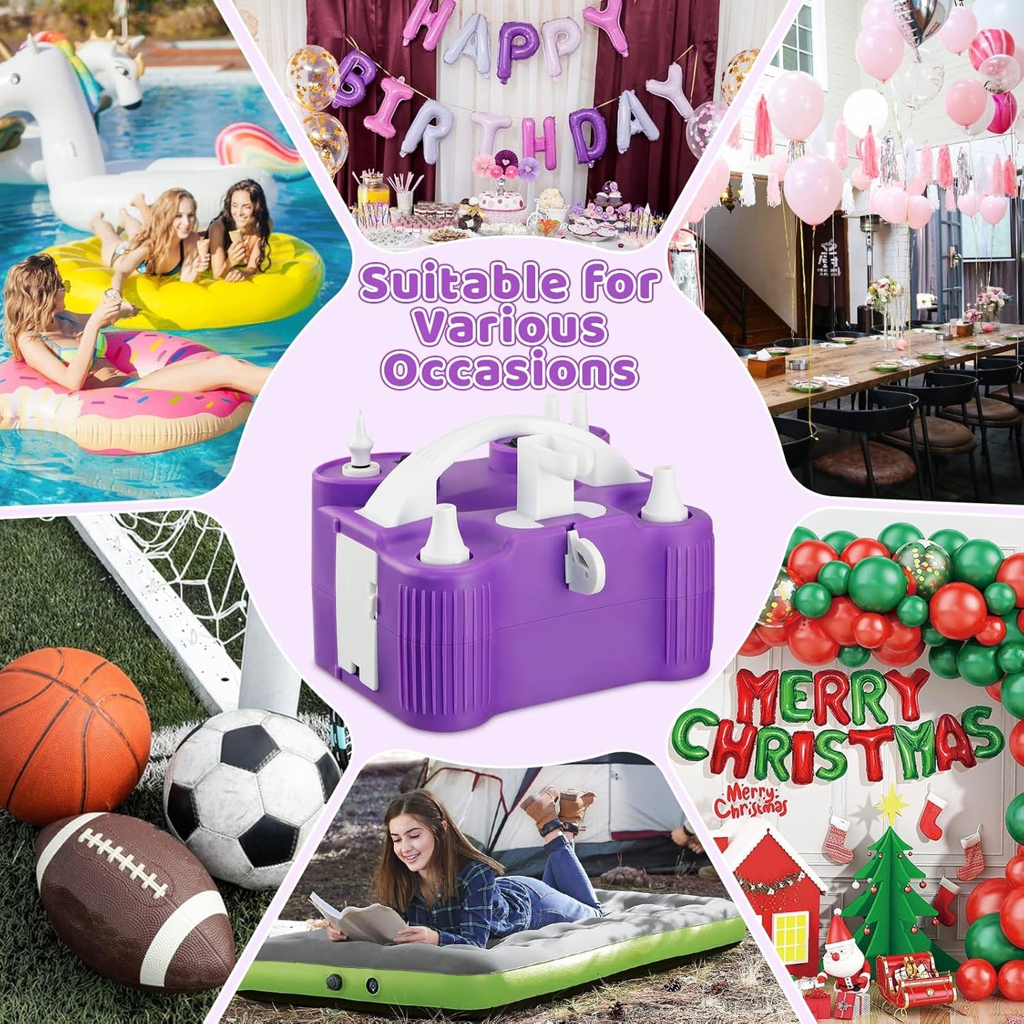 4-in-1 Electric Balloon Pump for All Balloons,Portable Dual Nozzle 600W Air Pump for Balloons,High Power Balloon Blower for Latex Foil 260q Mylar Balloon,Inflation Pool Float and Sports Balls