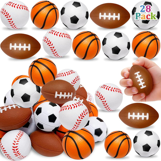28 Pack Sports Stress Balls, Soccer Football Squeeze Fidget Relief Toys for Kids 4-12, Classroom Prizes Treasure Box Fillers Pinata Stuffers Goodie Bag Stuffers Birthday Gifts Classroom Party Favors