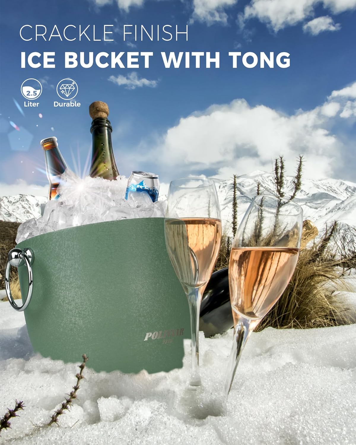 POLIVIAR Ice Bucket, 2.5L Double Wall Ice Bucket with Lid, Stainless Steel Ice Bucket with Tong & Strainer, Ice Bucket for Cocktail Bar, Home & Parties, JX2023-IBLU