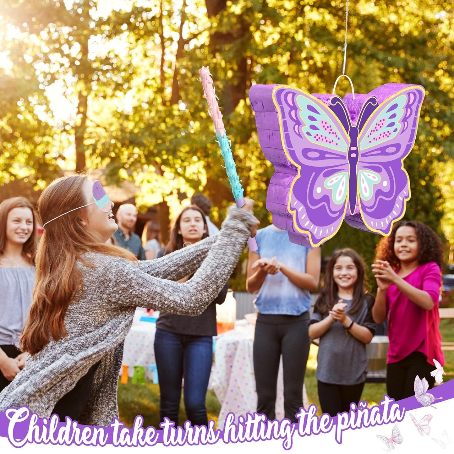 Pasimy 51 Pcs Butterfly Piñata Set Butterfly Birthday Party Supplies Piñata with Stick Blindfold Sticker Hairpin Ring Slap Bracelet Keychain Party Favors for Family Game Decoration(Pink)