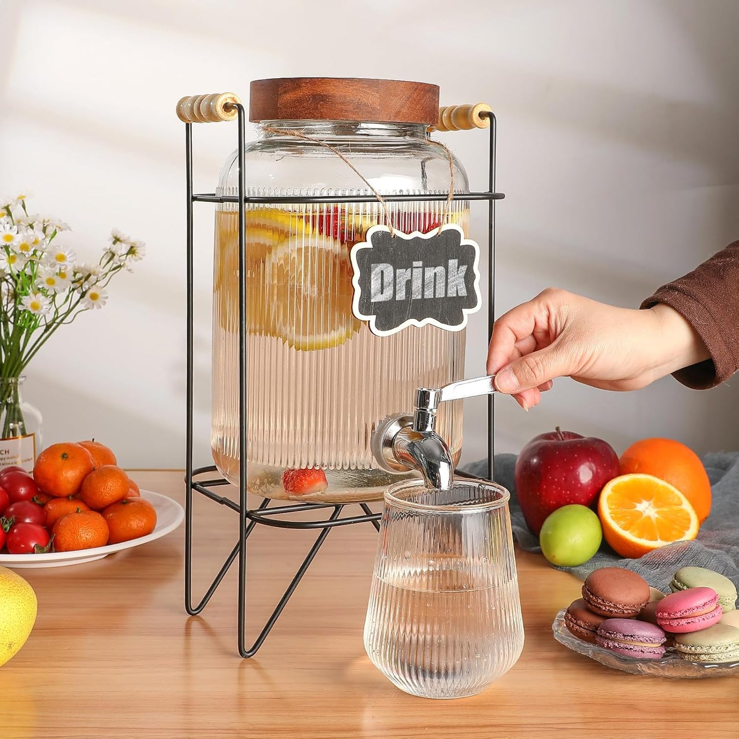1 Gallon Glass Beverage Dispenser with Stainless Steel Spigot and Lid, Iced Tea Lemonade Juice Dispenser with Stand for Parties, Rust-Proof Drink Dispenser for Fridge, Easy to Clean
