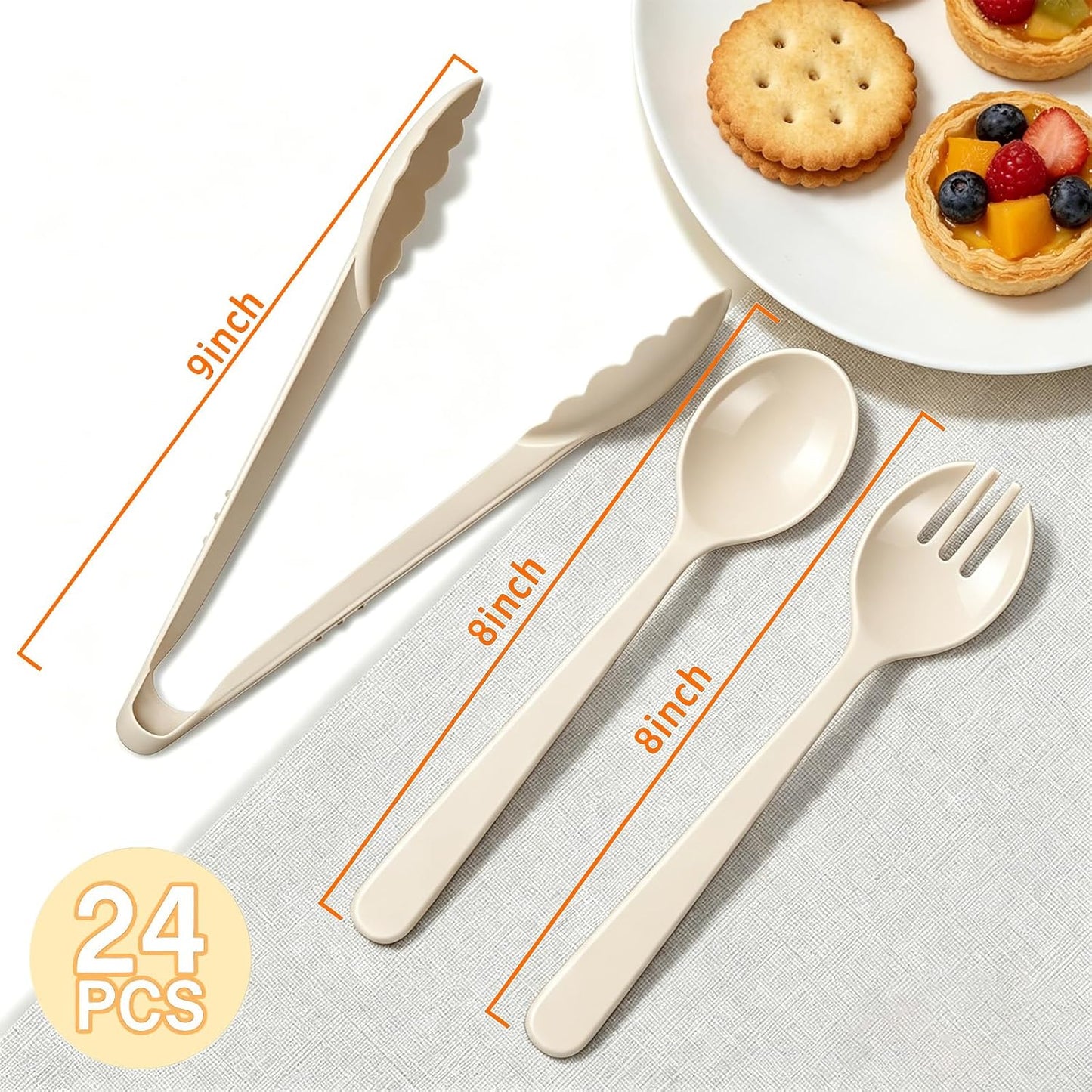 24 Pcs Black Plastic Serving Utensils Set - Heavy Duty Disposable Serving Spoons, Forks & Tongs (8 of Each) - BPA-Free Catering Supplies for Buffets, Parties, Weddings & Events (9 Inch)