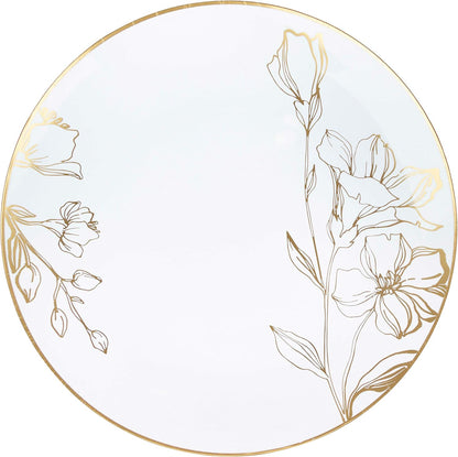 PLASTICPRO [16 OZ 20 Count] White Plastic Floral Design Party Soup bowls With Gold Rim Premium heavyweight Elegant Disposable Tableware Dishes