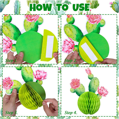 Whaline 6Pcs Cactus Honeycomb Table Centerpieces Pink Yellow Blooming Cactus Decorations for Hawaiian Luau Mexican Fiesta Cinco De Mayo Birthday Baby Shower Party Supplies, 3 Designs