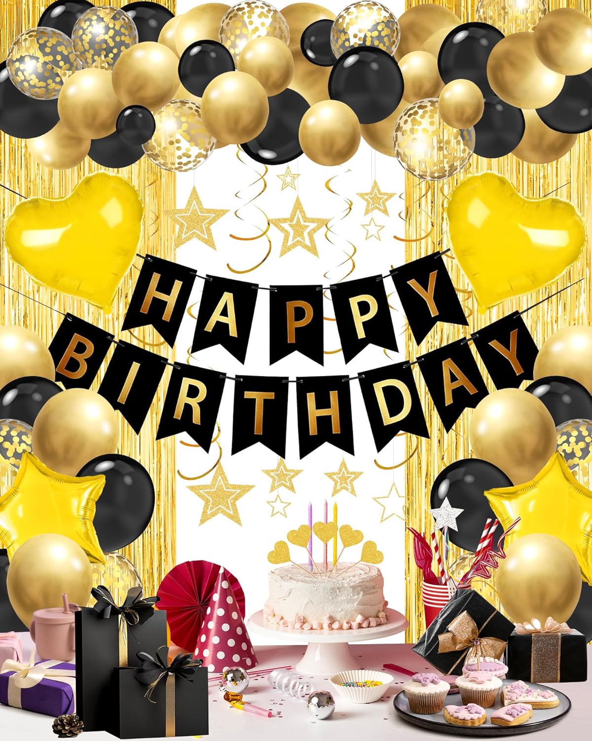 Lutoys Rose Gold Happy Birthday Party Decorations, Happy Birthday Banner, Rose Gold Foil Heart Star Confetti Balloons Curtain Backdrop Hanging Swirls Party Decor for Girls Women Princess